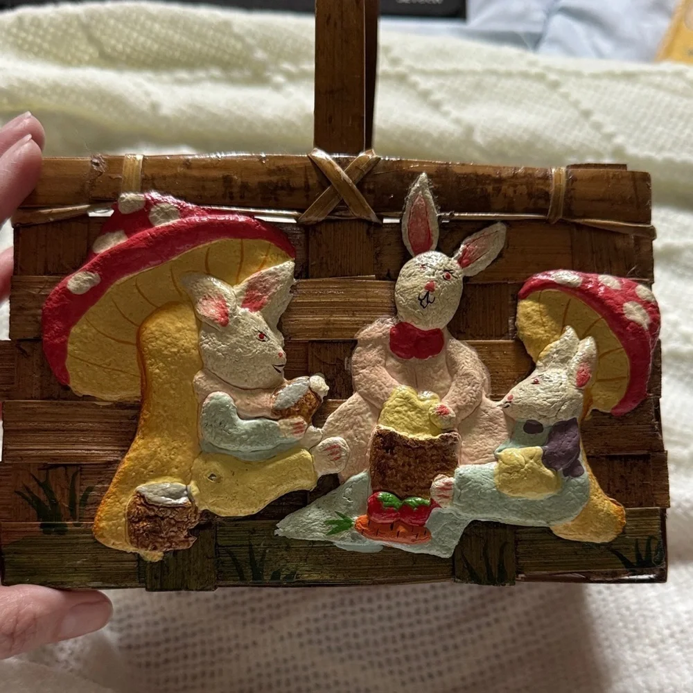 Wooden Basket with Bunny and Mushroom Design